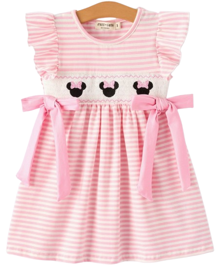 DRG61218 - Minnie Stripe Girls Dress Bow Smocked Ruffle Sleeve