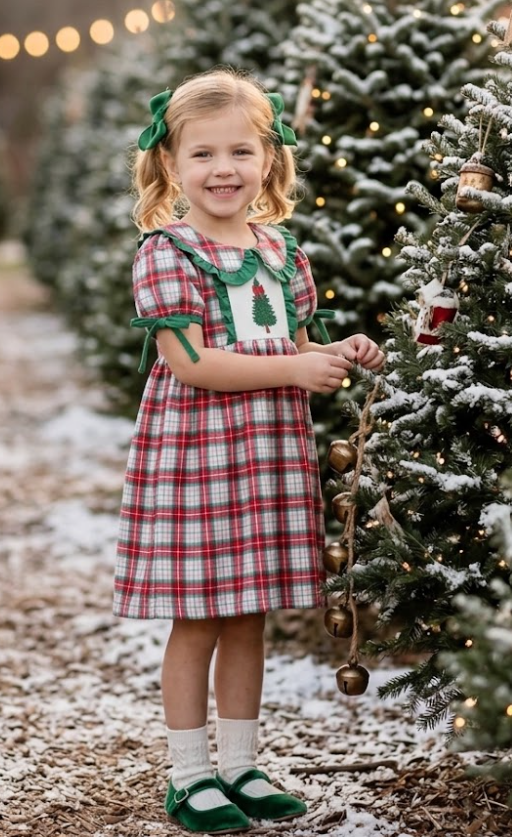DRG62927 - Christmas Tree Plaid Girls Dress Petals Collar Ruffle