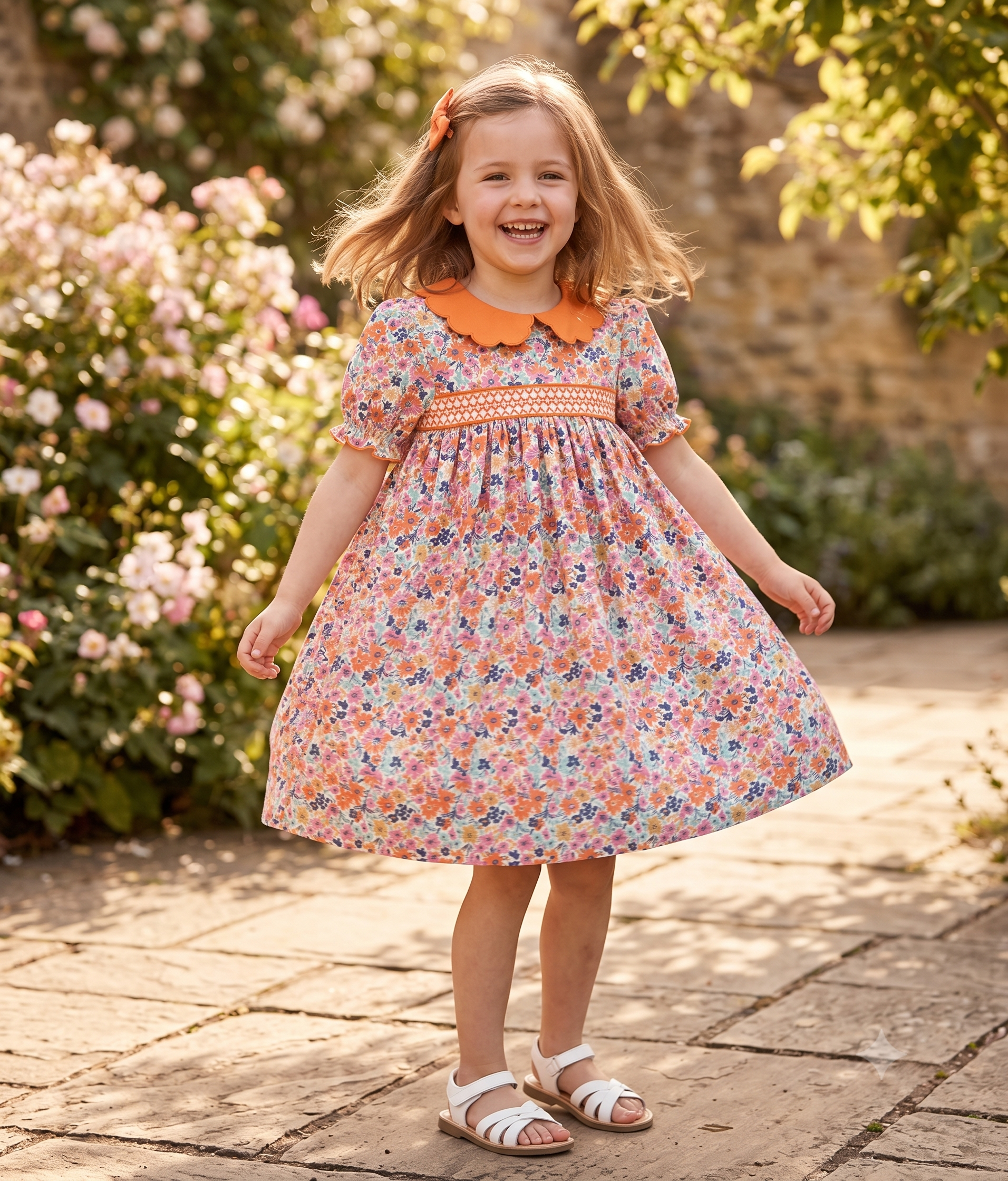DRG62998 - Fall Floral Smocked Petals Collar Girls Dress