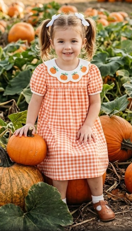 DRG64041 - Fall Pumpkin Embroidered Puff Sleeve Girls Dress