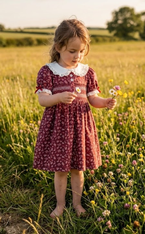 DRG64048 - Burgundy Floral Smocked Girls Dress Peter Pan Collar Lace Trim