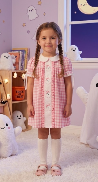 DRG64221 - Halloween Ghost Embroidered Girls Dress Peter Pan Collar Bow