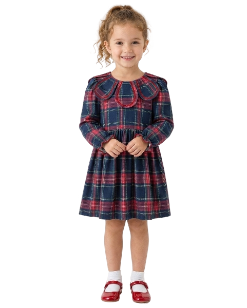 DRG64480 - Fall Plaid Girl Dress Petal Collar Puff Sleeve Long Sleeve