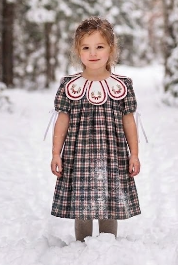 DRG64495 - Baby Girl Christmas Plaid Embroidered Dress Wreath Collar