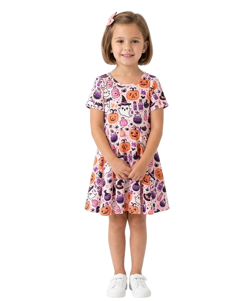 DRG65079 - Halloween Pumpkin Ghost Print Girls Twirl Dress Short Sleeve