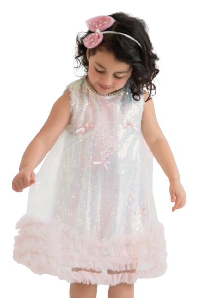 DRG58519 - Iridescent Sequin Bow Ruffle Tulle Girls Dress