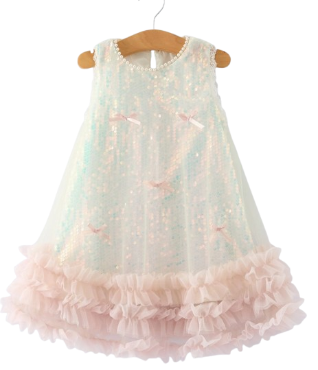 DRG58519 - Iridescent Sequin Bow Ruffle Tulle Girls Dress