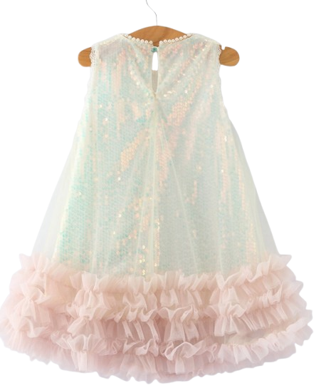 DRG58519 - Iridescent Sequin Bow Ruffle Tulle Girls Dress