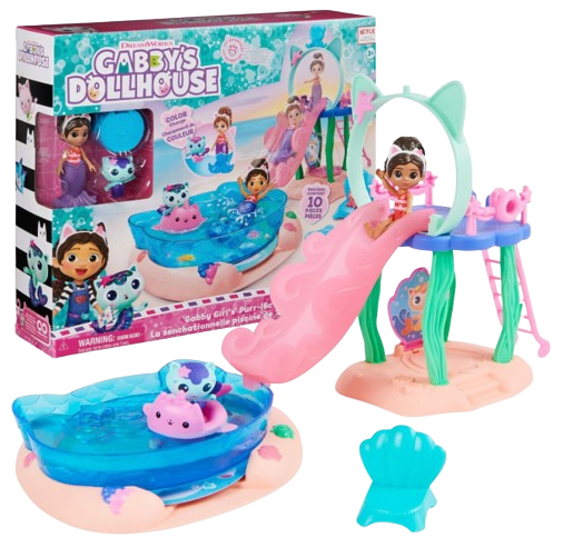 40917 - Gabby’s Dollhouse, Purr-ific Pool Playset with Gabby and MerCat Figures, Color-Changing Mermaid Tails and Pool Accessories