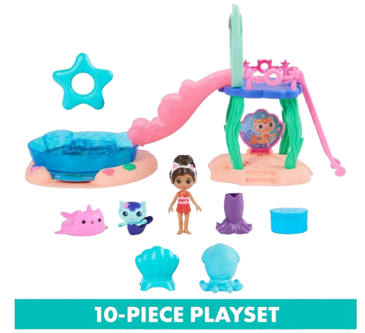40917 - Gabby’s Dollhouse, Purr-ific Pool Playset with Gabby and MerCat Figures, Color-Changing Mermaid Tails and Pool Accessories