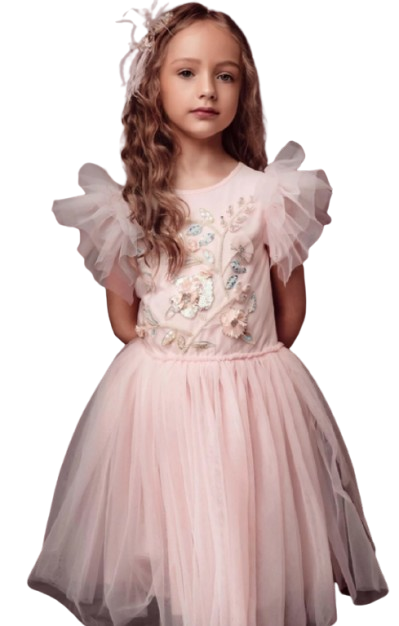 TUS-PNK - Embroidered Lace Flower Fairy Wedding Flower Girl Dress