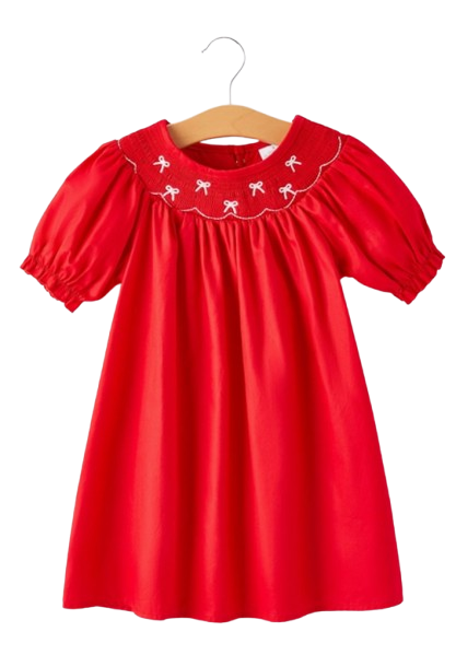 DRG42836 - Vestido rojo con bordado fruncido y lazo para niñas