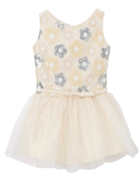 SK511T - Floral Sequin Drop Waist Girls Dress (Tan)
