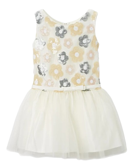 SK511I - Floral Sequin Drop Waist Girls Dress (Ivory)