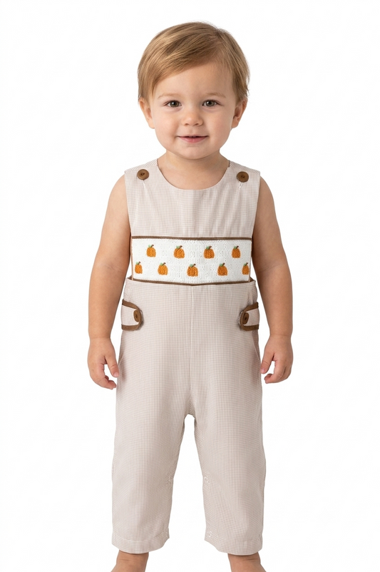 RPB50453 - Fall Halloween & Thanksgiving Pumpkin Smock Embroidered Boys Romper