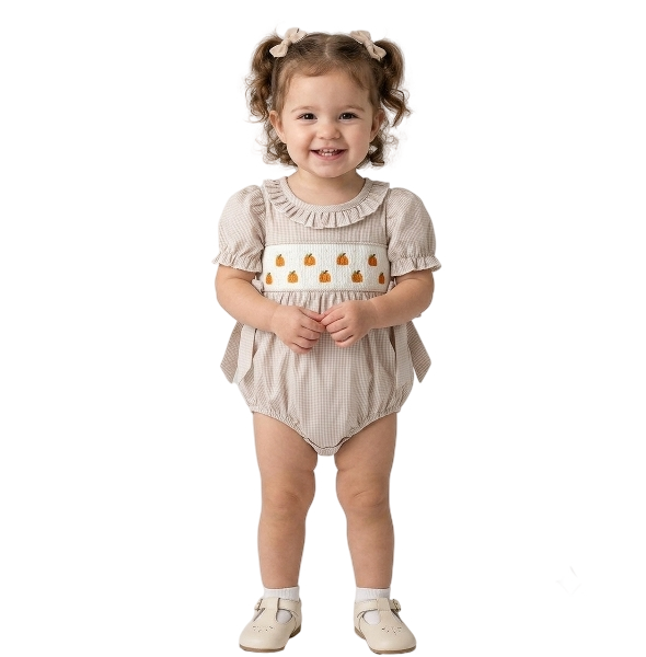 RPG52014 - Fall Halloween & Thanksgiving Pumpkin Embroidery Smock Plaid Baby Girl Romper
