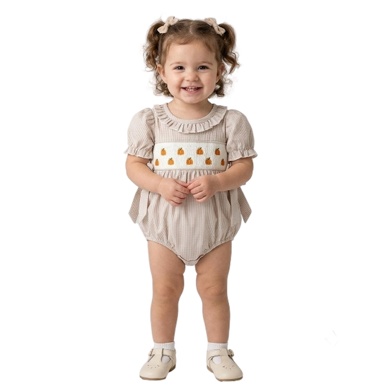 RPG52014 - Fall Halloween & Thanksgiving Pumpkin Embroidery Smock Plaid Baby Girl Romper