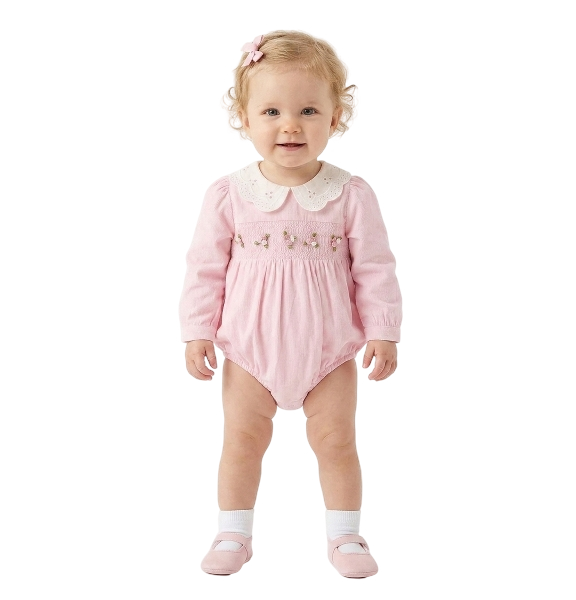 RPG63908 - Fall Pink Smocked Baby Girl Bubble Romper Peter Pan Collar Floral Detail