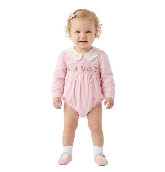RPG63908 - Fall Pink Smocked Baby Girl Bubble Romper Peter Pan Collar Floral Detail