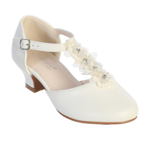 S142I - T Strap Girls Shoes With Flowers (Ivory)