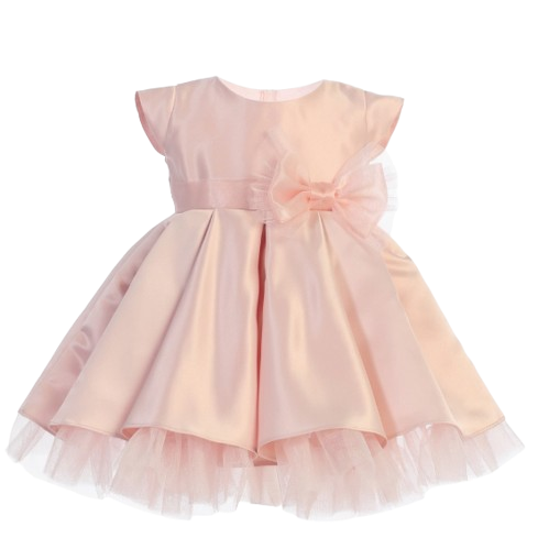 SK711BT - Pleated Satin & Peek A Boo Tulle Dress with Bow