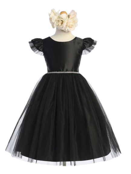 SK019B - Satin with Shiny Crystal Tulle & Flutter Sleeve