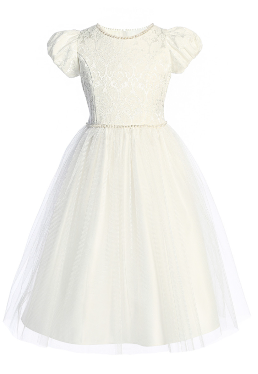 SK972 - Puff Sleeve Jacquard and Tulle Dress
