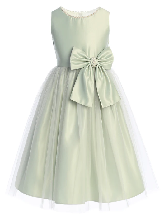 SKB781 - Sage Satin Tulle Pearl Ribbon Flower Girl Dress