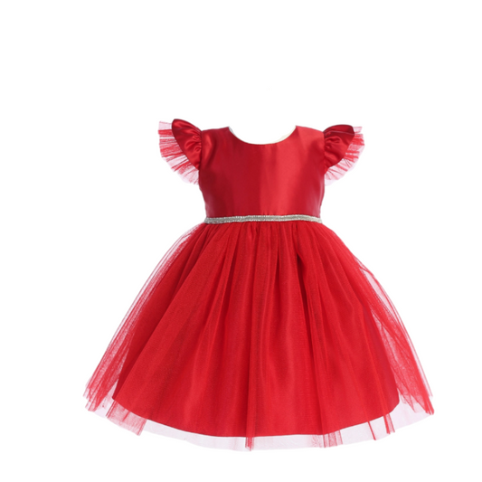 SKB910R - Satin With Shiny Crystal Tulle & Flutter Sleeve - Red