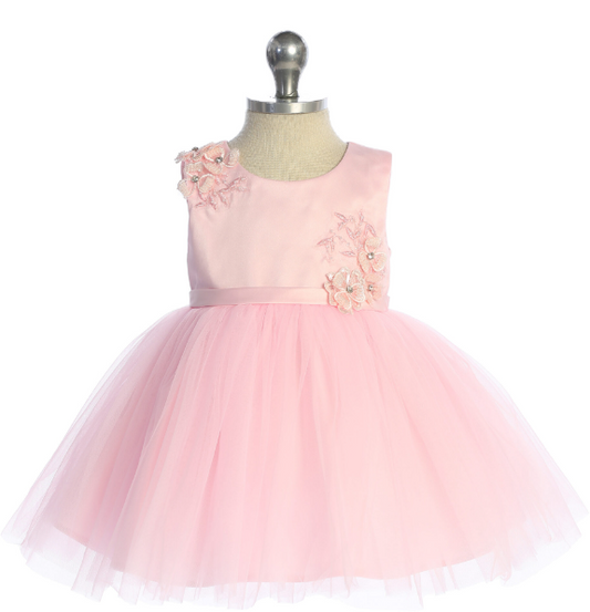 TT5897SP - Baby Girls Mesh Overlay Bodice with 3D Flower Applique and Mesh Skirt  