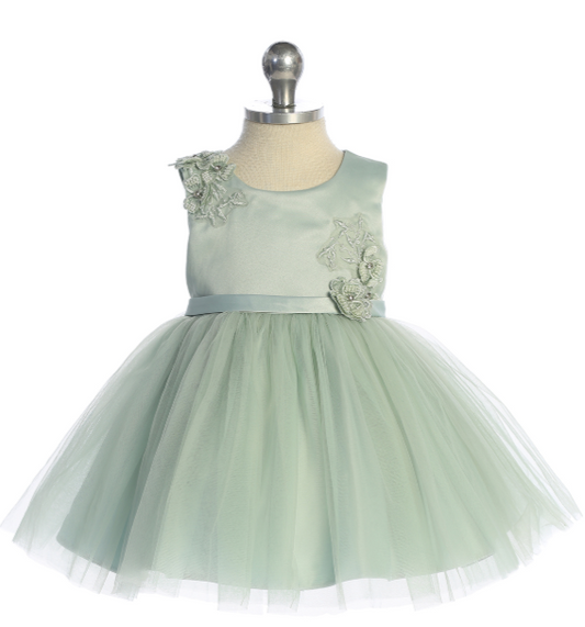 TT5897SS - Baby Girls Mesh Overlay Bodice with 3D Flower Applique and Mesh Skirt (Sage)