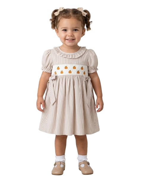 DRG52525 - Fall Thanksgiving Pumpkin Embroidery Smock Plaid Girls Dress