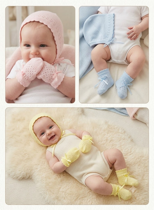 K016 - Knitted Bonnet, Socks and Mittens Set in Cotton