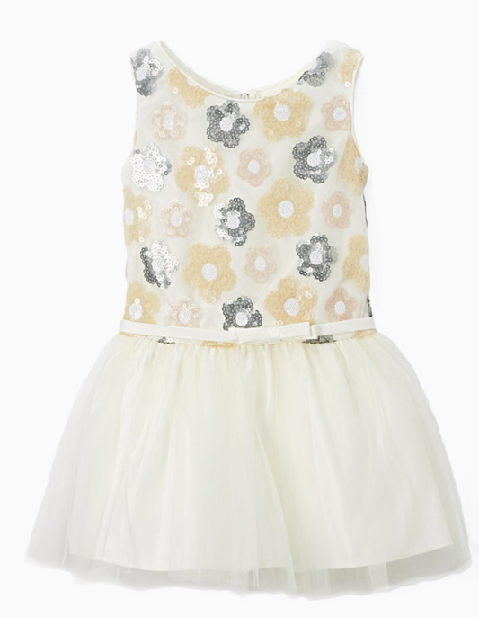 SK511I - Floral Sequin Drop Waist Girls Dress (Ivory)