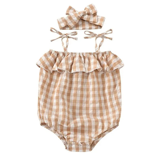 Plaid Cami Ruffle Decor Bodysuit Matching Headband Cadiz Boutique