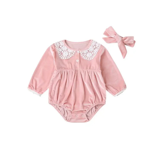 2 Piece Baby Girl Flowers Decor Pink Bodysuit With Headband Cadiz Boutique, Inc.