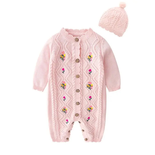 2 Pieces Baby Girl Flowers Knit Jumpsuit With Hat In Pink Cadiz Boutique, Inc.