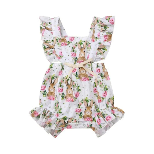 Easter Rabbit Flowers Print Flutter Sleeve Infant Baby Girl Romper Cadiz Boutique