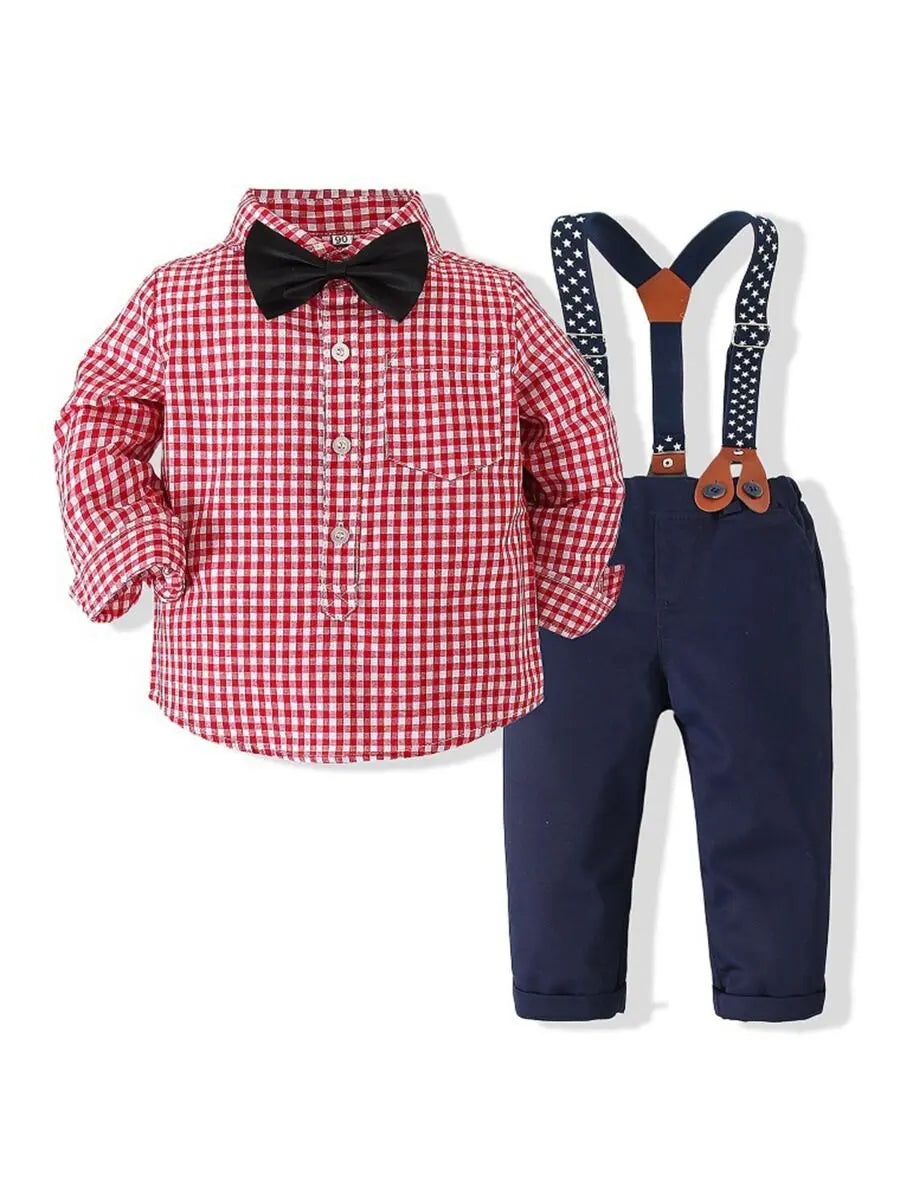 27256 - Two-Piece Plaid Shirt And Solid Color Overalls With Bow Tie Cadiz Boutique, Inc.