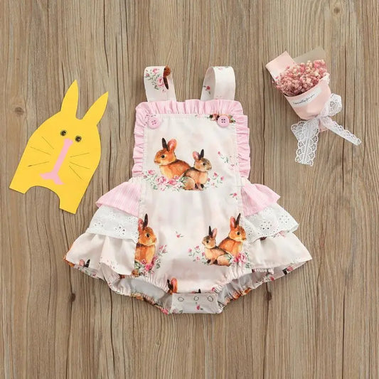 KJ30666 - Easter Bunny Print Strap Baby Bodysuit Cadiz Boutique, Inc.