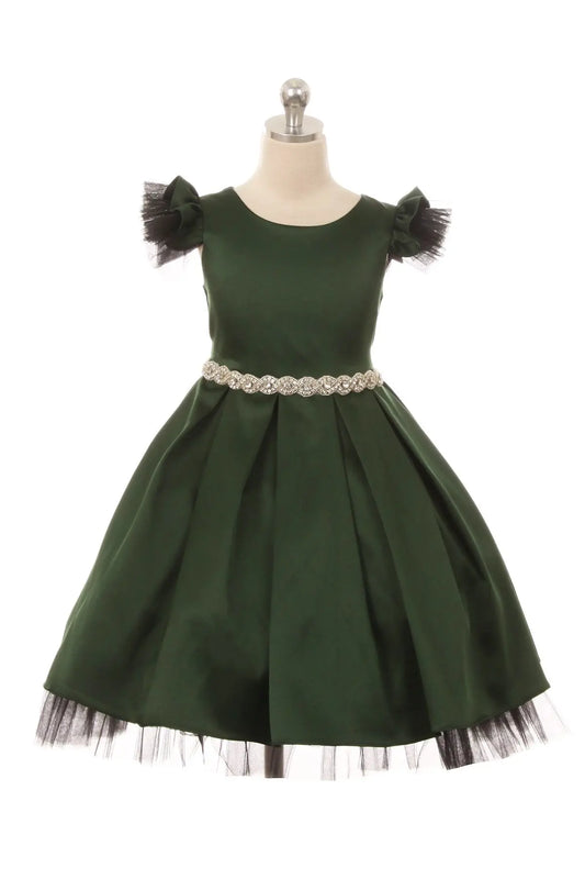 Kids Dream - KD450G - Satin Tulle Sleeve Rhinestone Dress Green Cadiz Boutique