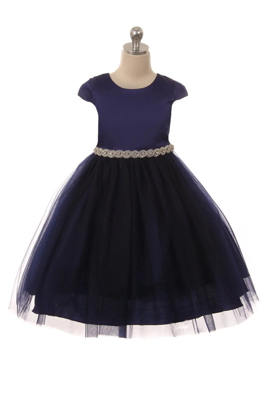 Kids Dream - KD452N - Sleeve Satin Dress w/ Tulle Navy Cadiz Boutique