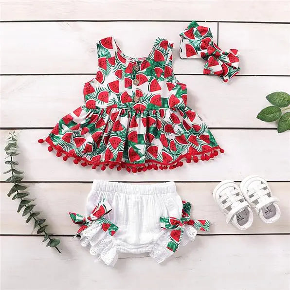 517868 - 3-piece Watermelon Printed Tassel Dress & Shorts & Headband Cadiz Boutique, Inc.