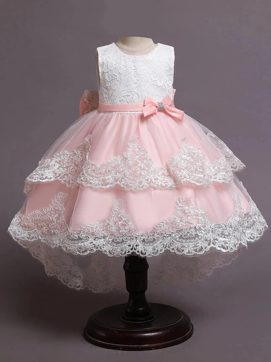 57049 - Toddler Girls Contrast Lace Big Bow Back High Low Hem Gown Dress Cadiz Boutique, Inc.