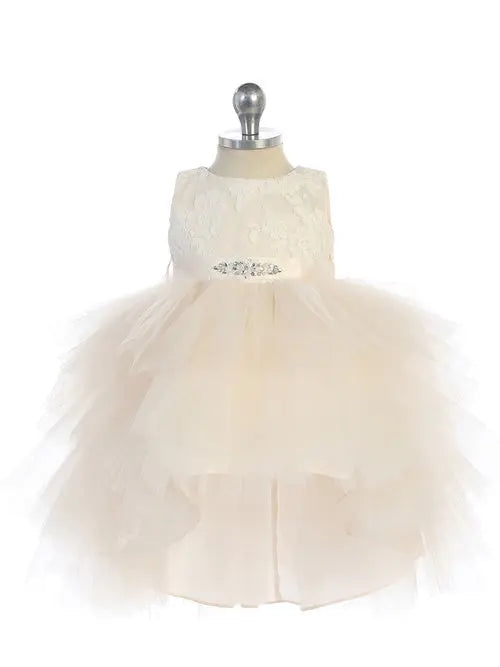 Lace Bodice with Layered Tulle High Low Dress - Champagne Cadiz Boutique