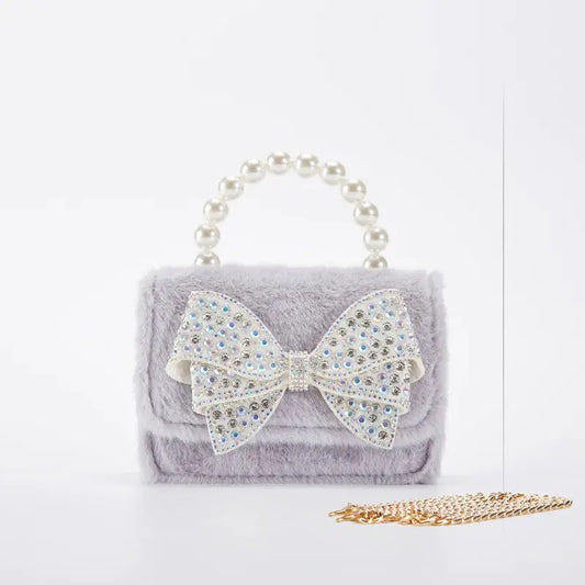 B1212G - Rhinestone Bow Furry Purse - Grey Cadiz Boutique, Inc.