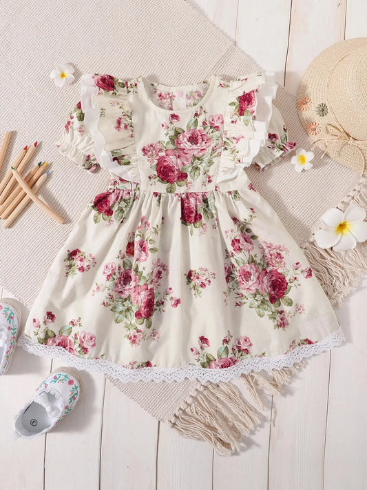 CH26 - Toddler Girls Lace Hem Floral Print Dress Cadiz Boutique, Inc.