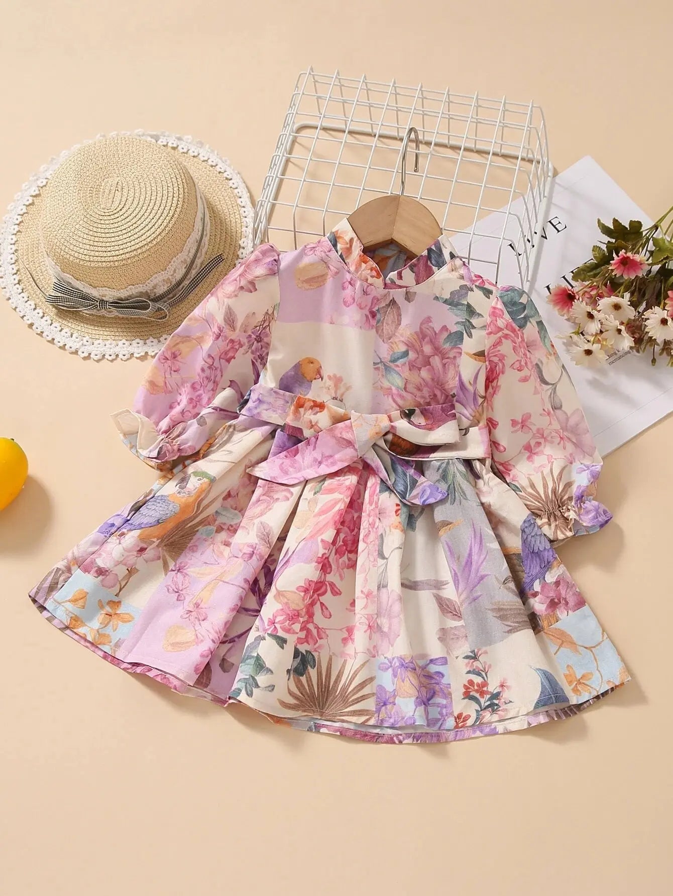 CH5010 - Girl Flounce Sleeve Floral Print Zip Back Belted Dress Cadiz Boutique, Inc.