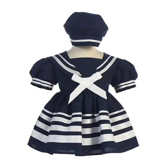 FS167N -  NAVY NAUTICAL SAILOR DRESS AND HAT - STRIPED SKIRT