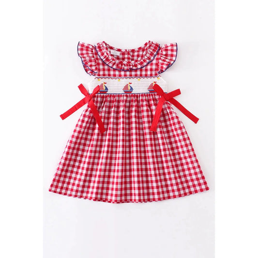 HDRSB - Red Plaid Sailboat Smocked Ruffle Dress Cadiz Boutique, Inc.